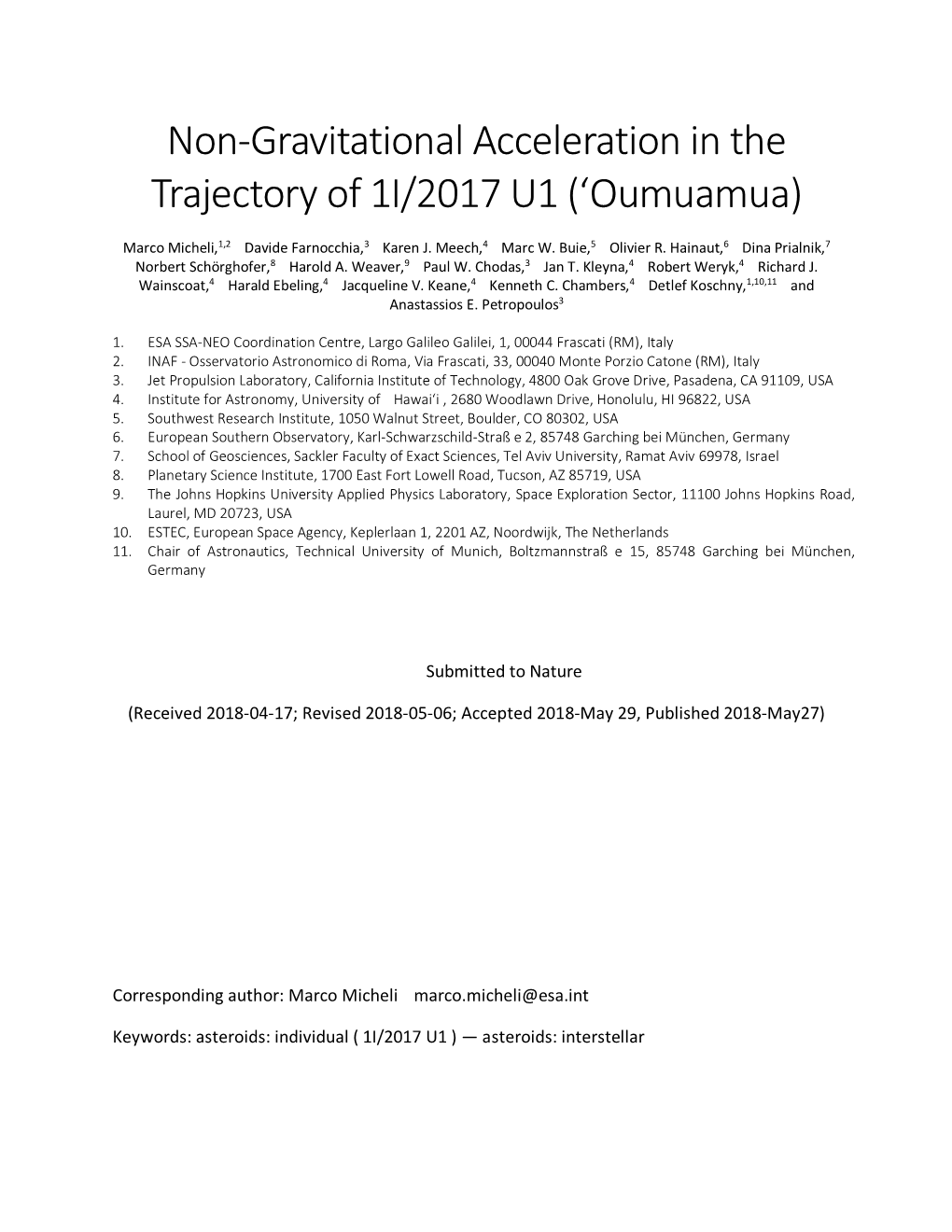 Non-Gravitational Acceleration in the Trajectory of 1I/2017 U1 (ʻoumuamua)