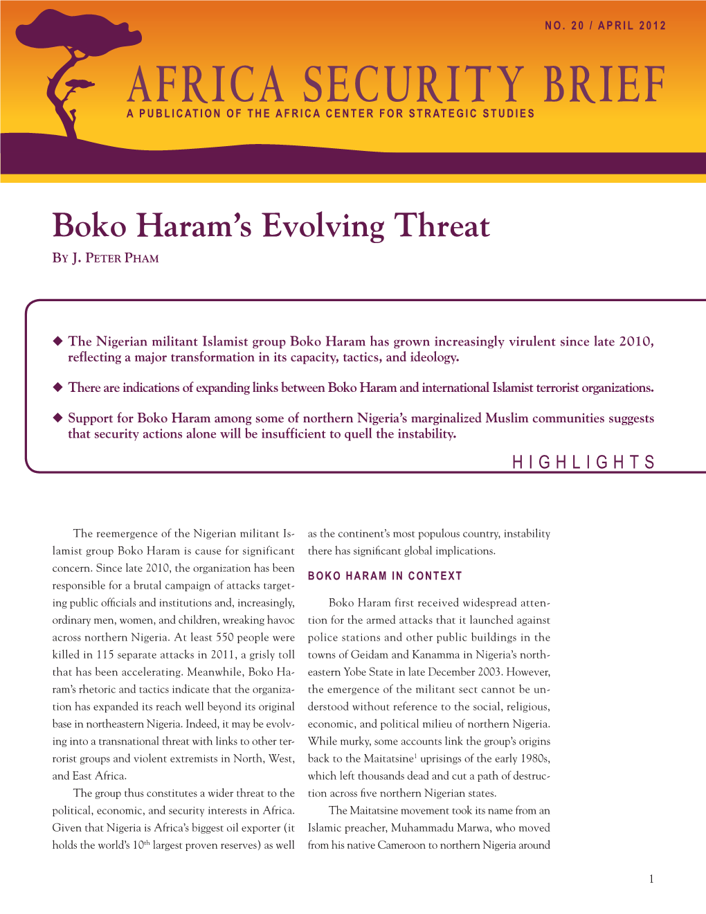 AFRICA SECURITY BRIEF Boko Haram's Evolving Threat
