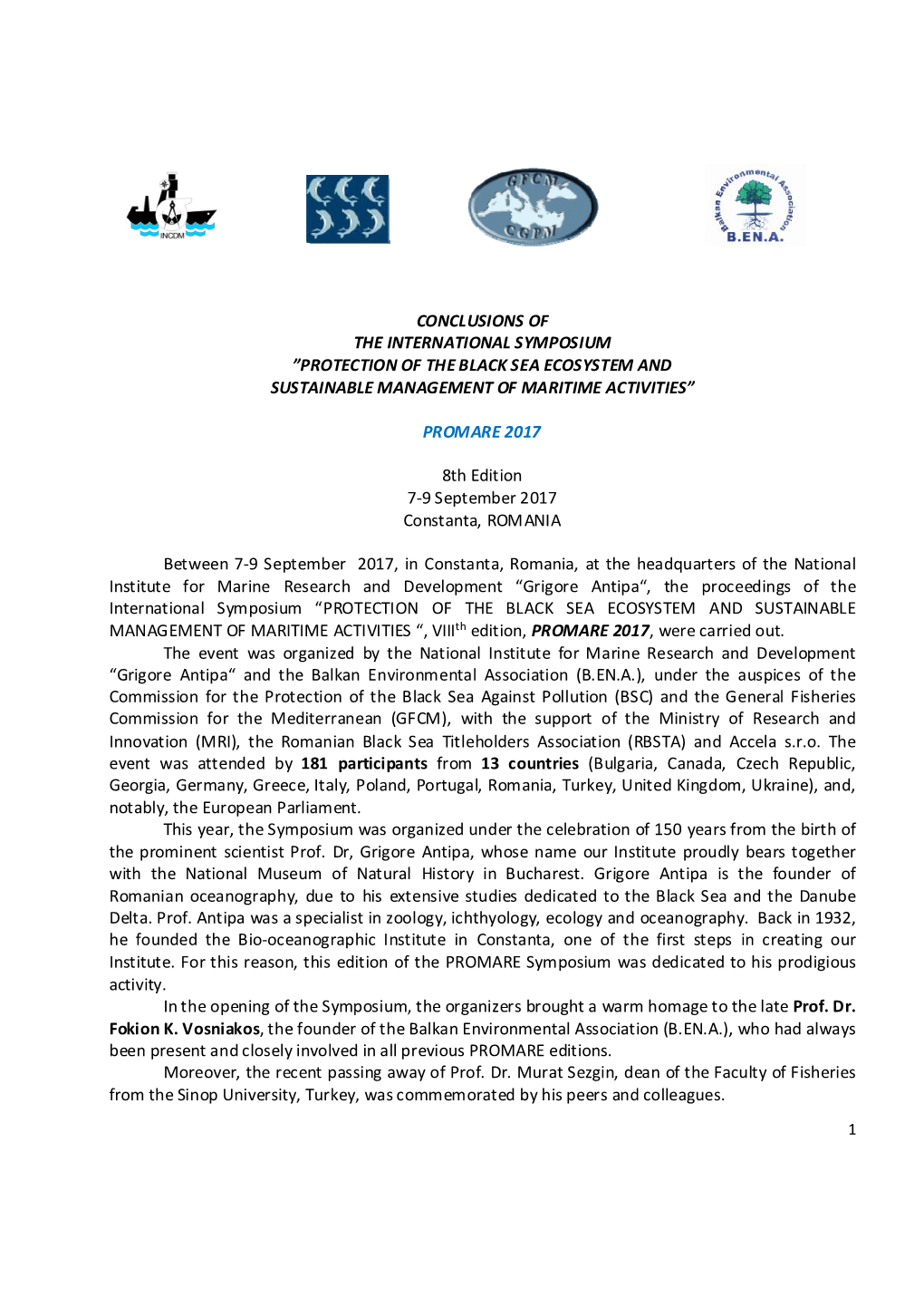 Conclusions of the International Symposium ”Protection of the Black Sea Ecosystem and Sustainable Management of Maritime Activities”