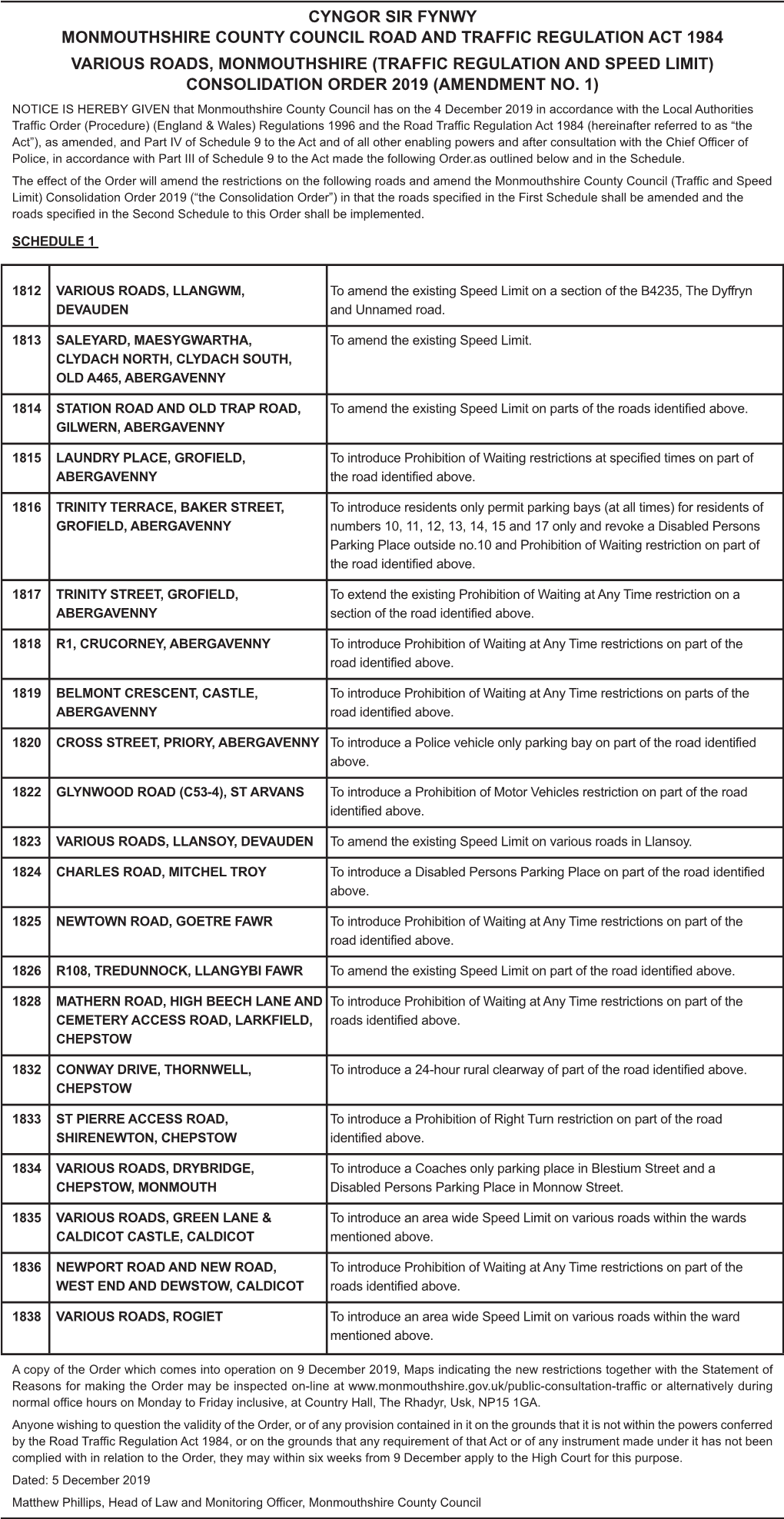 Traffic Regulation Act 1984 Various Roads, Monmouthshire (Traffic Regulation and Speed Limit) Consolidation Order 2019 (Amendment No