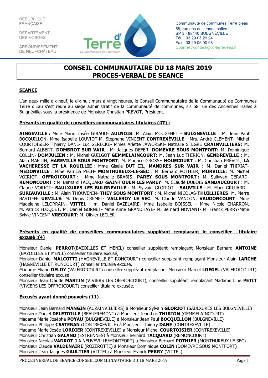 Conseil Communautaire Du 18 Mars 2019 Proces-Verbal De Seance