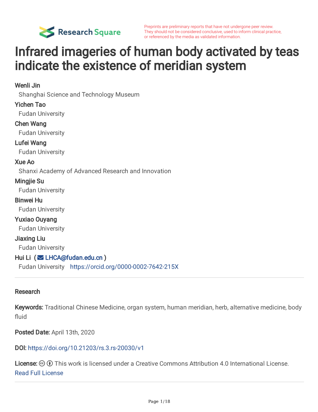 Infrared Imageries of Human Body Activated by Teas Indicate the Existence of Meridian System
