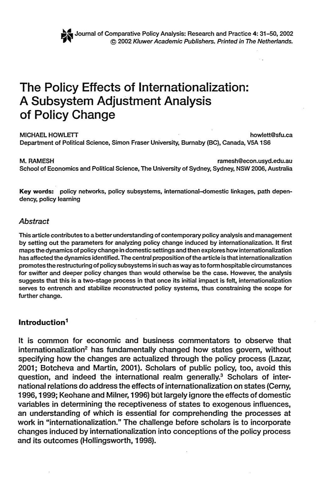 A Subsystem Adjustment Analysis of Policy Change