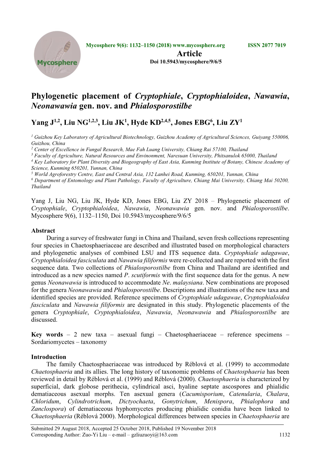 Phylogenetic Placement of Cryptophiale, Cryptophialoidea, Nawawia, Neonawawia Gen