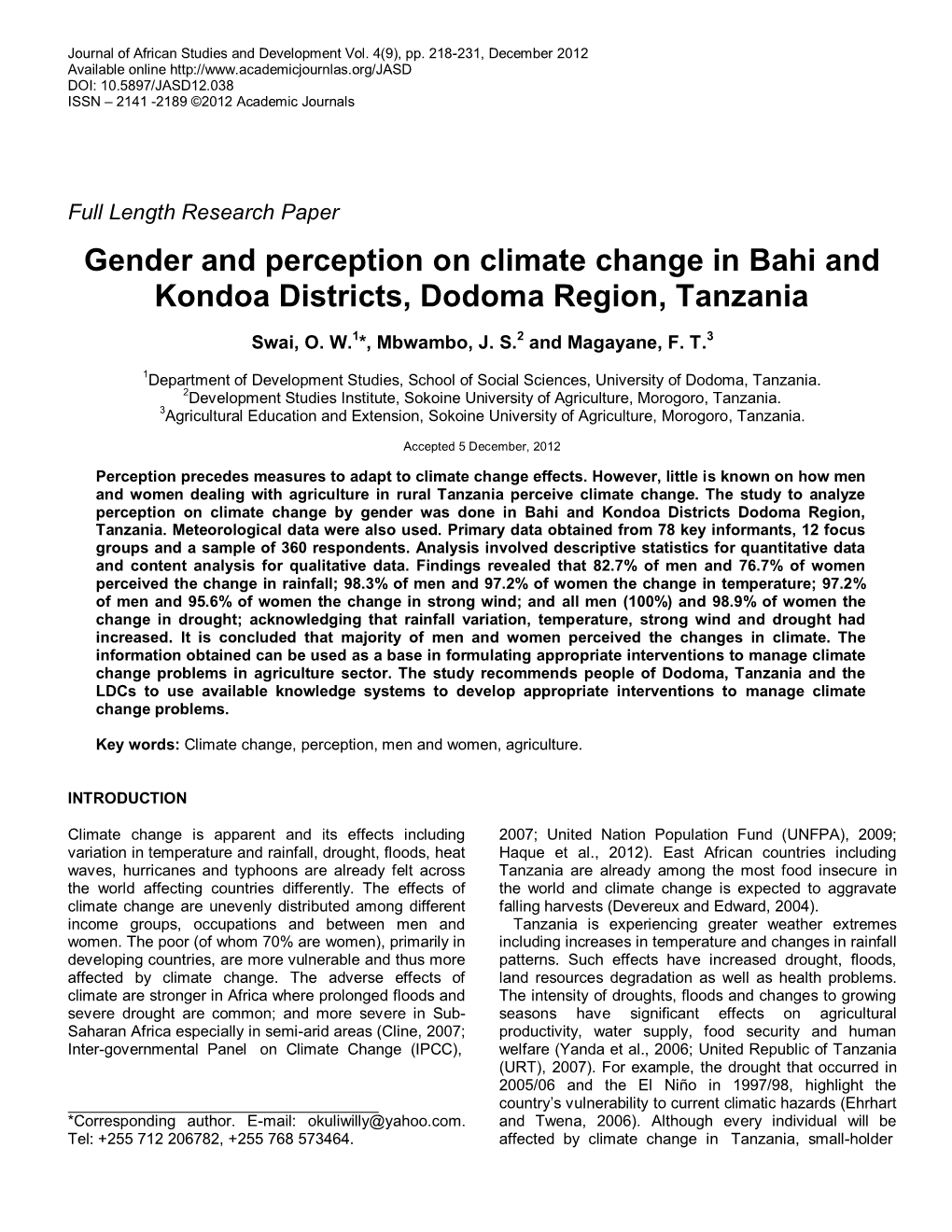 Gender and Perception on Climate Change in Bahi and Kondoa Districts, Dodoma Region, Tanzania