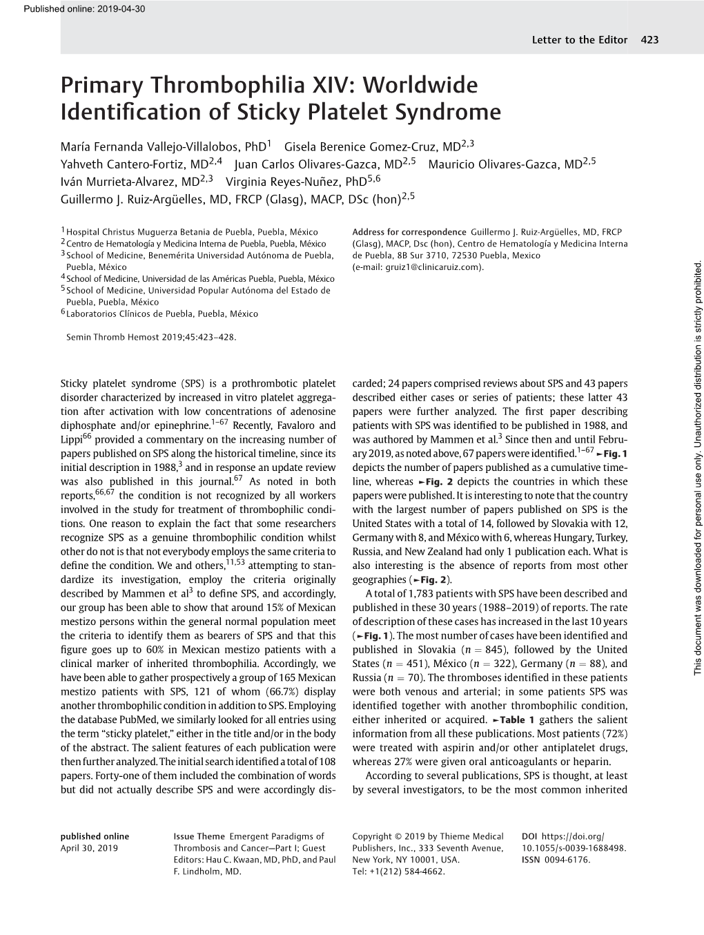 Worldwide Identification of Sticky Platelet Syndrome