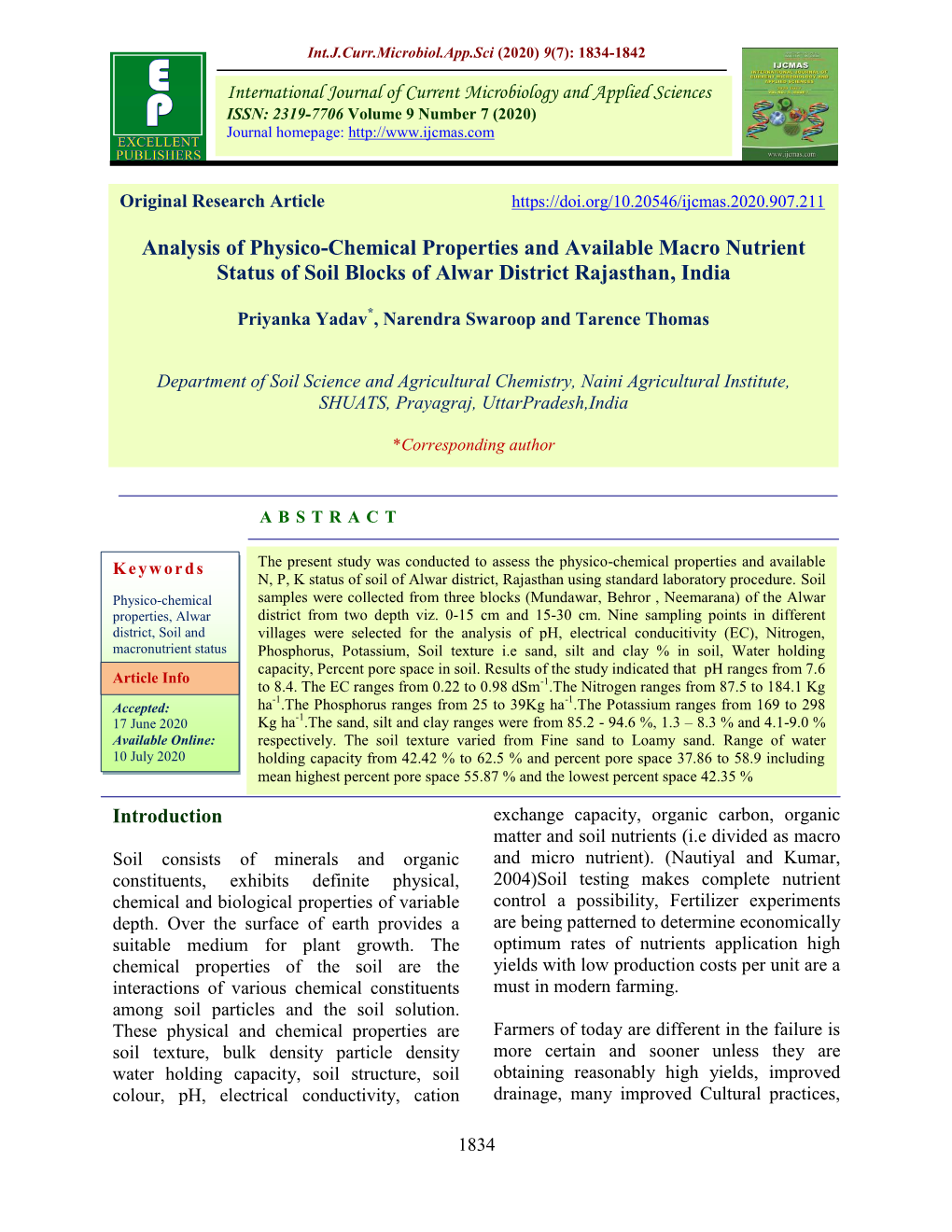 Analysis of Physico-Chemical Properties and Available Macro Nutrient Status of Soil Blocks of Alwar District Rajasthan, India