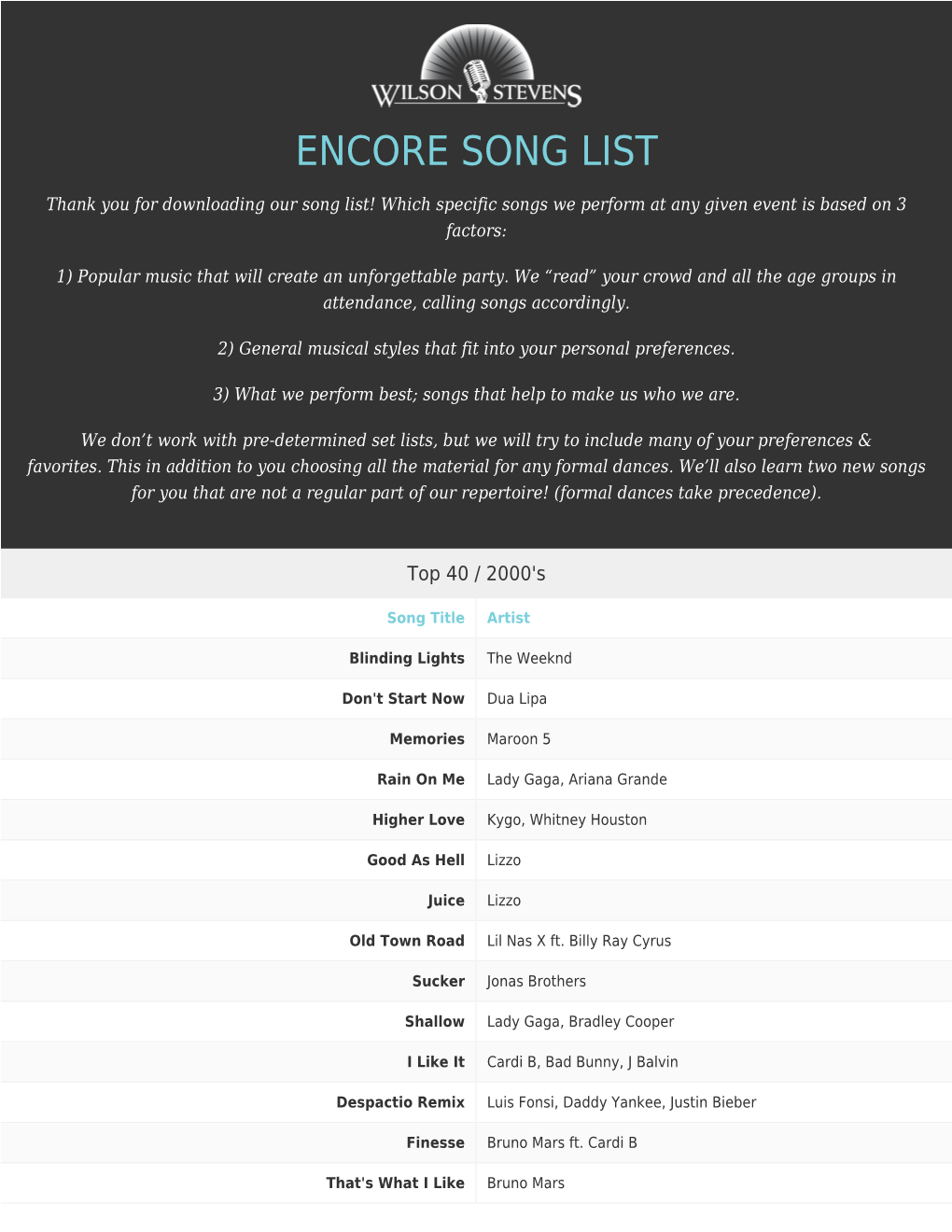 Encore Song List