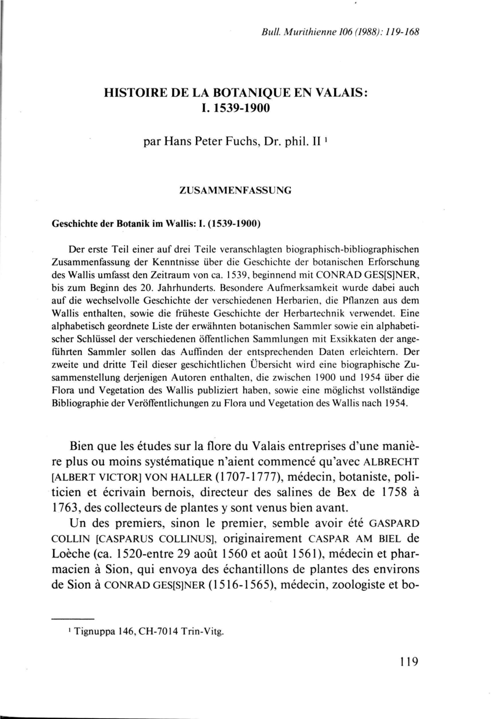 Histoire De La Botanique En Valais: I
