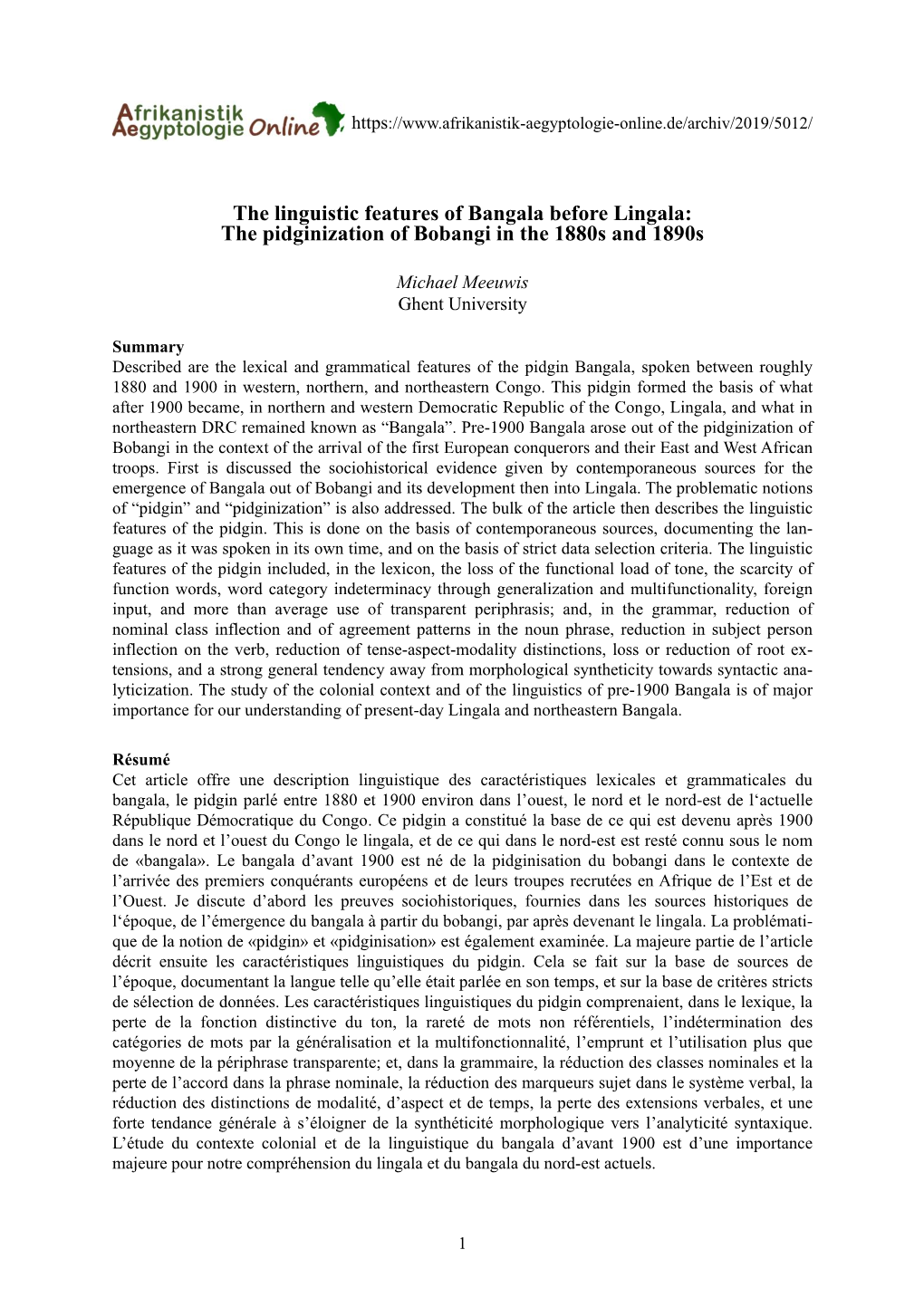 The Linguistic Features of Bangala Before Lingala: the Pidginization of Bobangi in the 1880S and 1890S