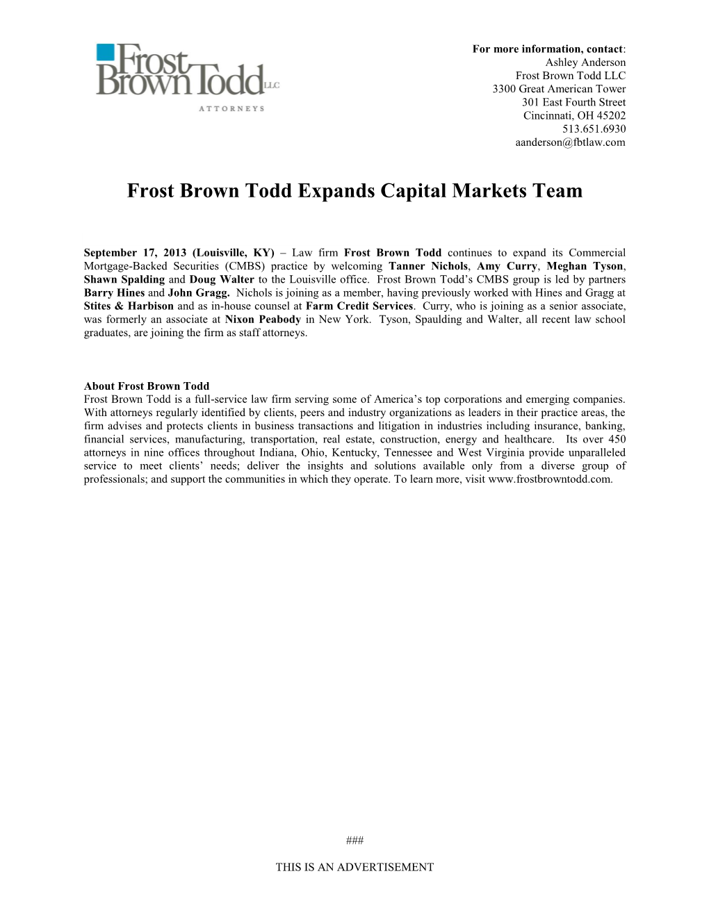 Frost Brown Todd Expands Capital Markets Team