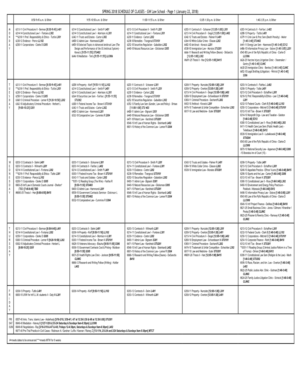 SPRING 2018 SCHEDULE of CLASSES - GW Law School - Page 1 (January 22, 2018)