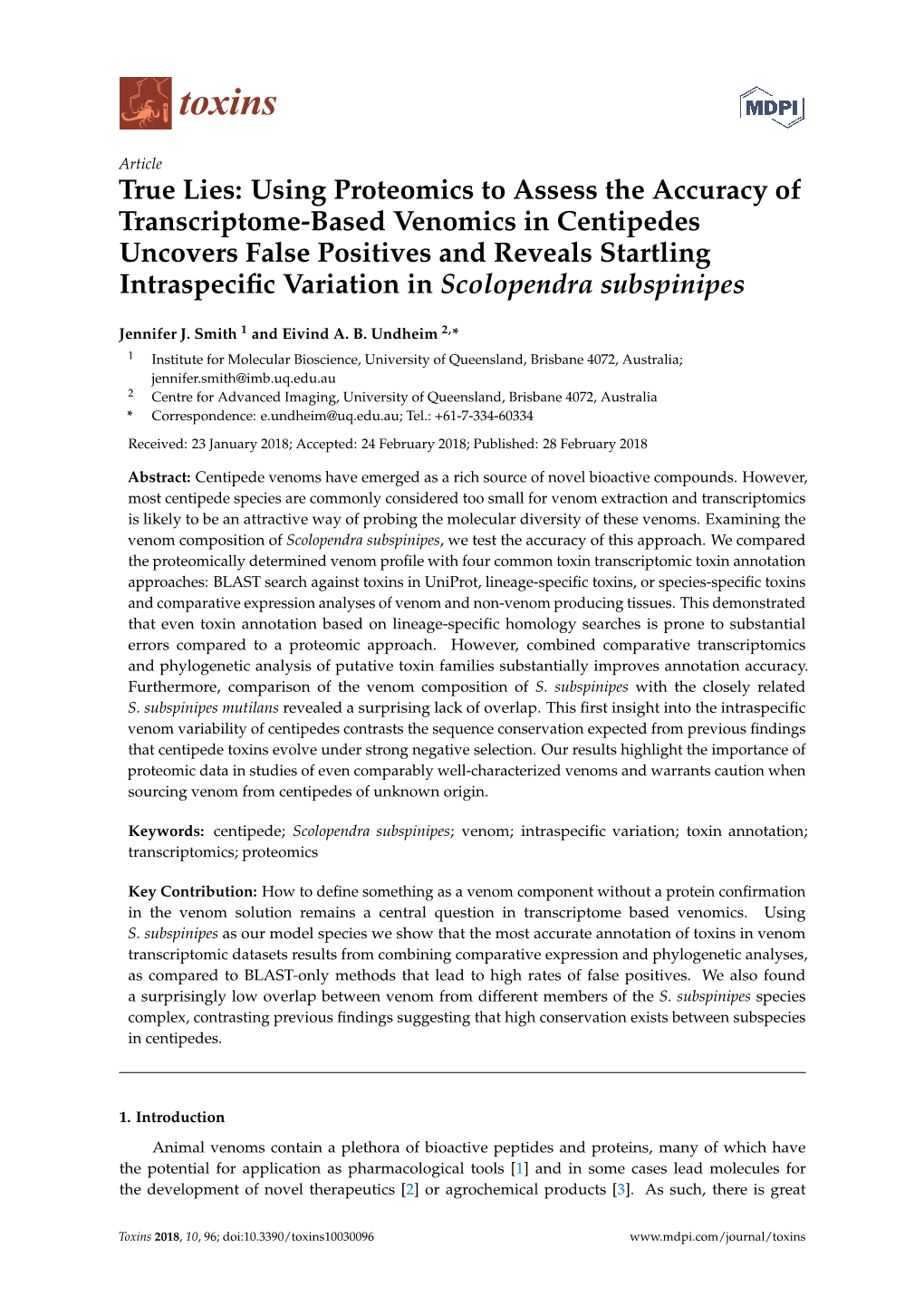 True Lies: Using Proteomics to Assess the Accuracy of Transcriptome-Based Venomics in Centipedes Uncovers False Positives and Re