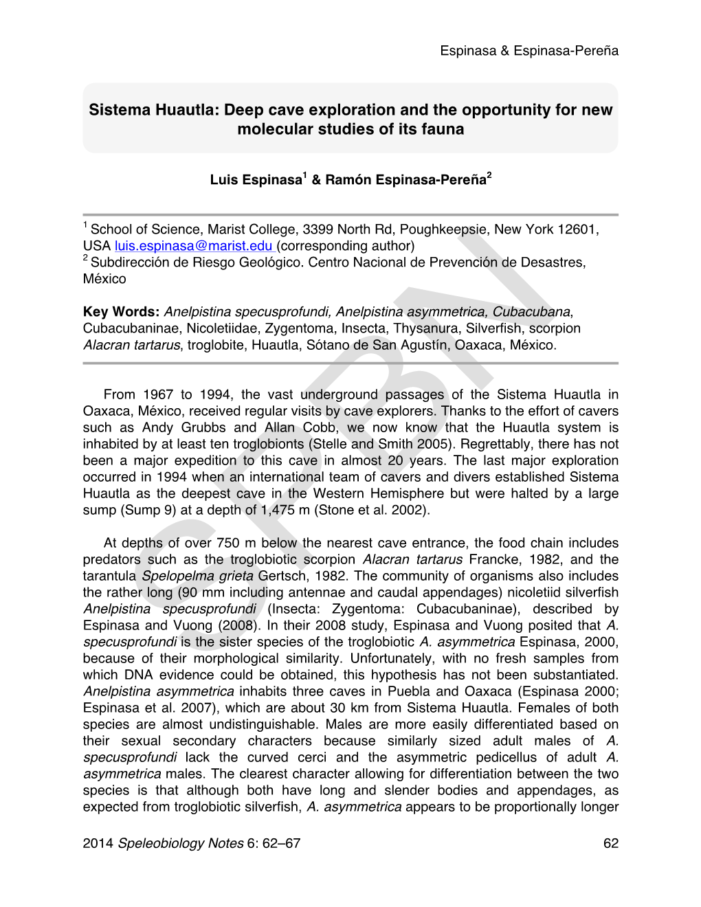 Sistema Huautla: Deep Cave Exploration and the Opportunity for New Molecular Studies of Its Fauna