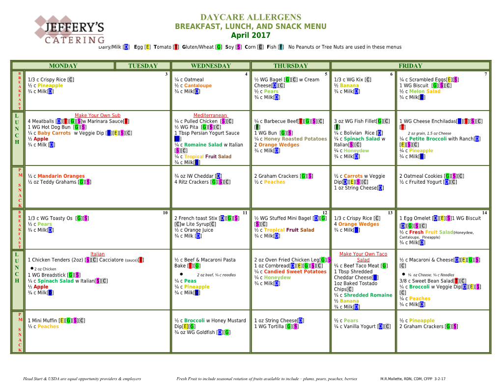 Breakfast, Lunch, and Snack Menu