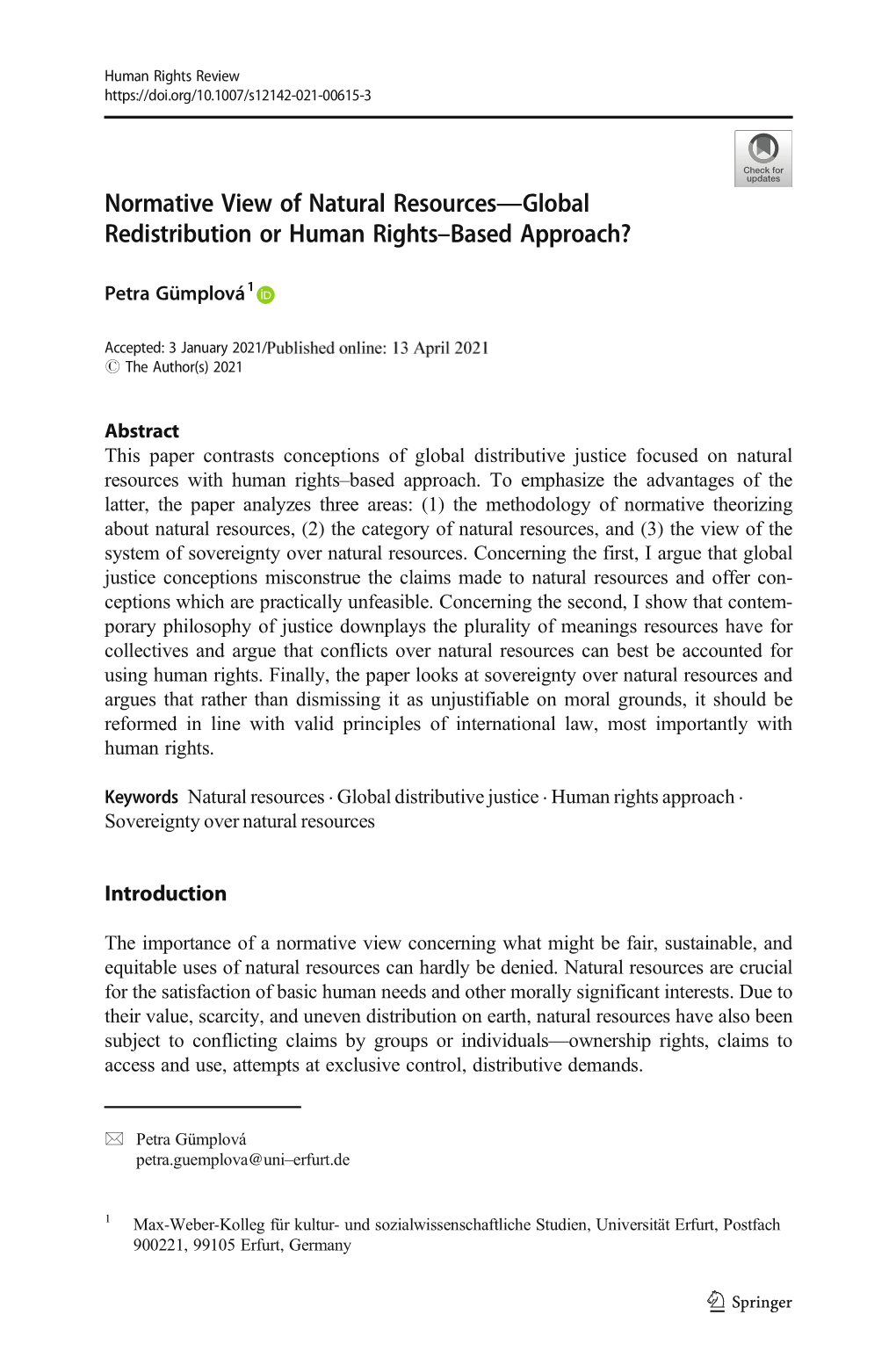 Normative View of Natural Resources—Global Redistribution Or Human Rights–Based Approach?