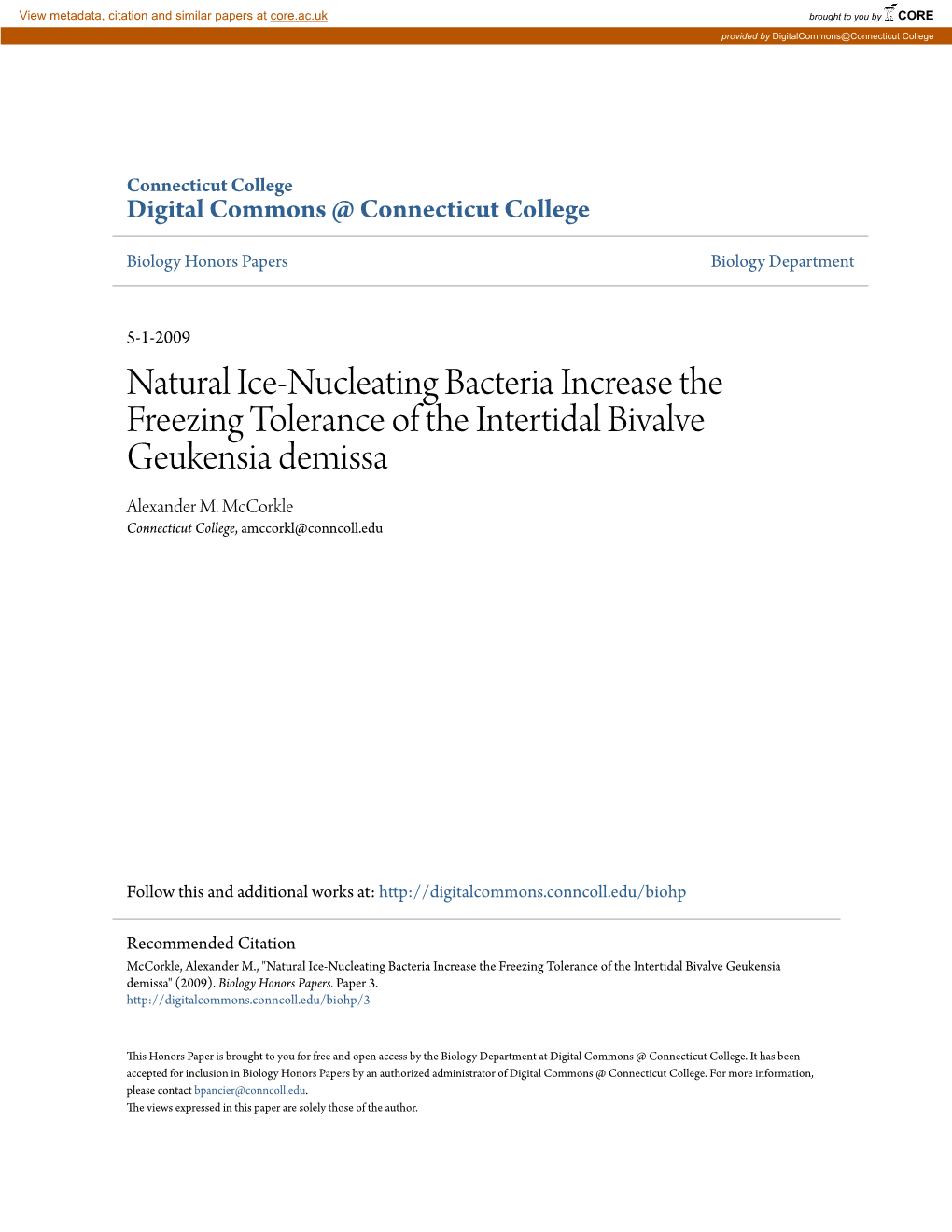 Natural Ice-Nucleating Bacteria Increase the Freezing Tolerance of the Intertidal Bivalve Geukensia Demissa Alexander M