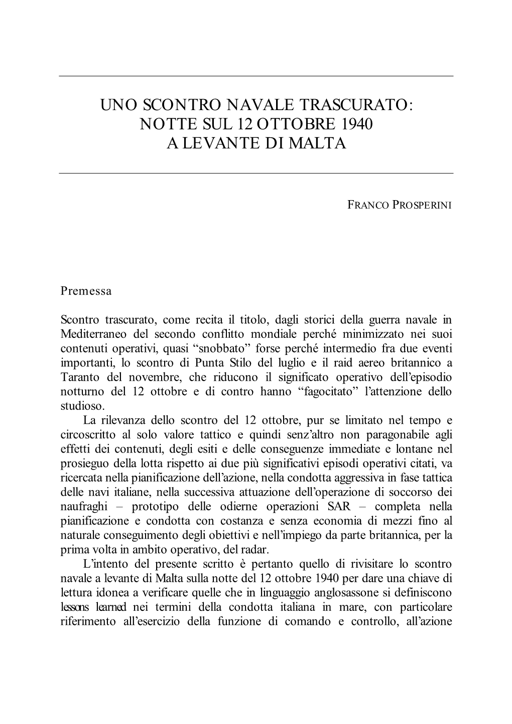 Uno Scontro Navale Trascurato: Notte Sul 12 Ottobre 1940 a Levante Di Malta