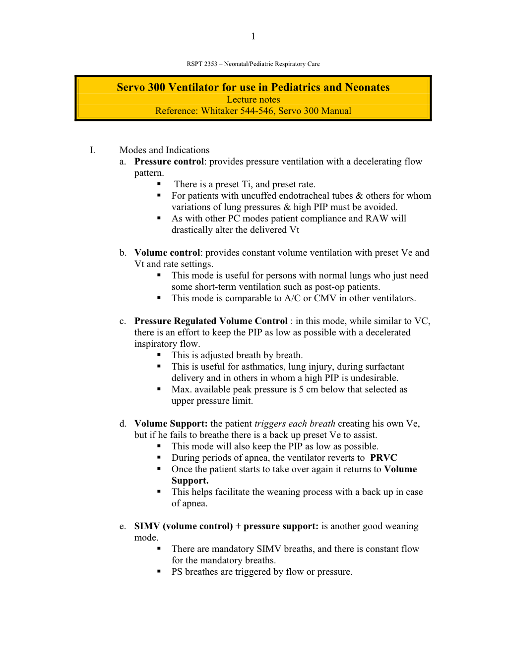 RSPT 2353 Neonatal/Pediatric Respiratory Care