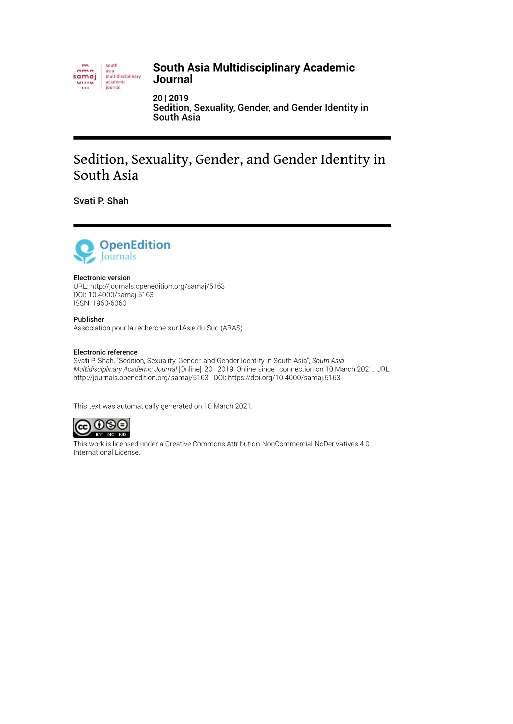 South Asia Multidisciplinary Academic Journal, 20 | 2019 Sedition, Sexuality, Gender, and Gender Identity in South Asia 2