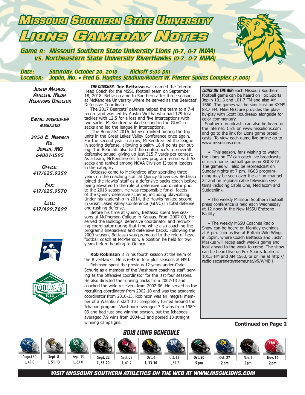 Lions Gameday Notes Missouri Southern State University