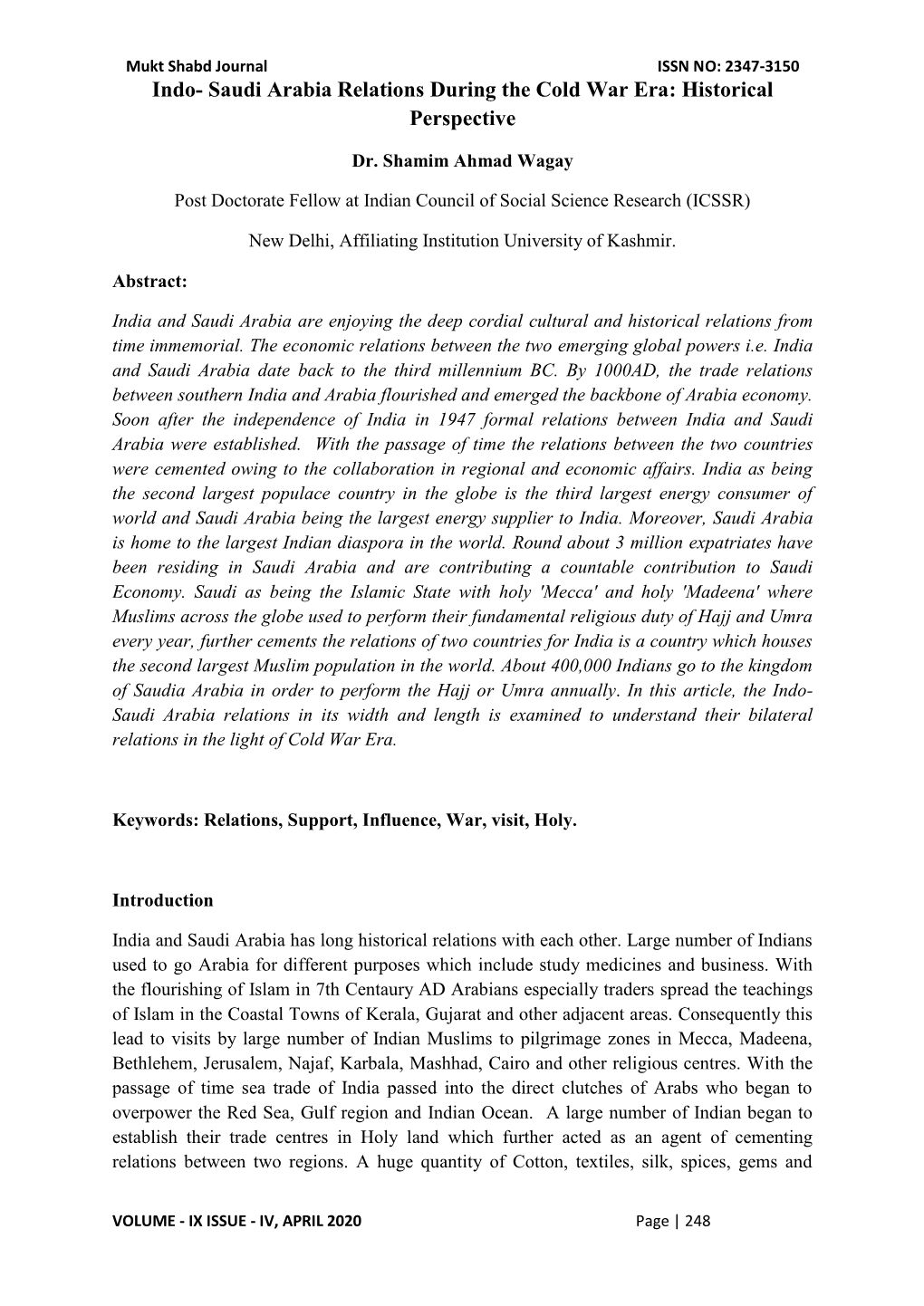 Saudi Arabia Relations During the Cold War Era: Historical Perspective