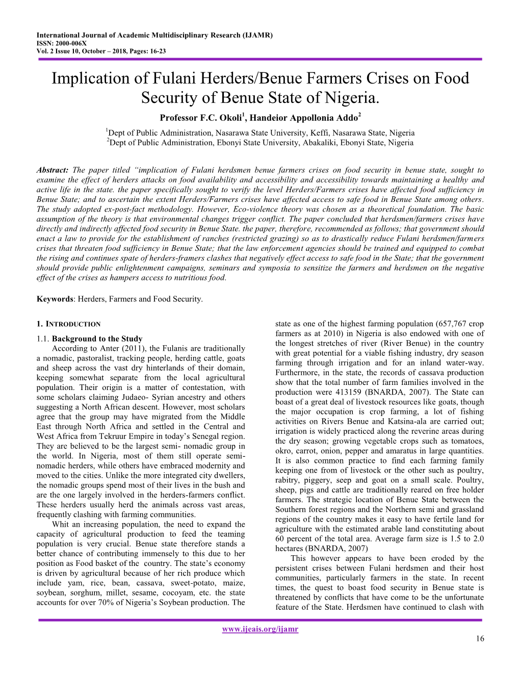 Implication of Fulani Herders/Benue Farmers Crises on Food Security of Benue State of Nigeria