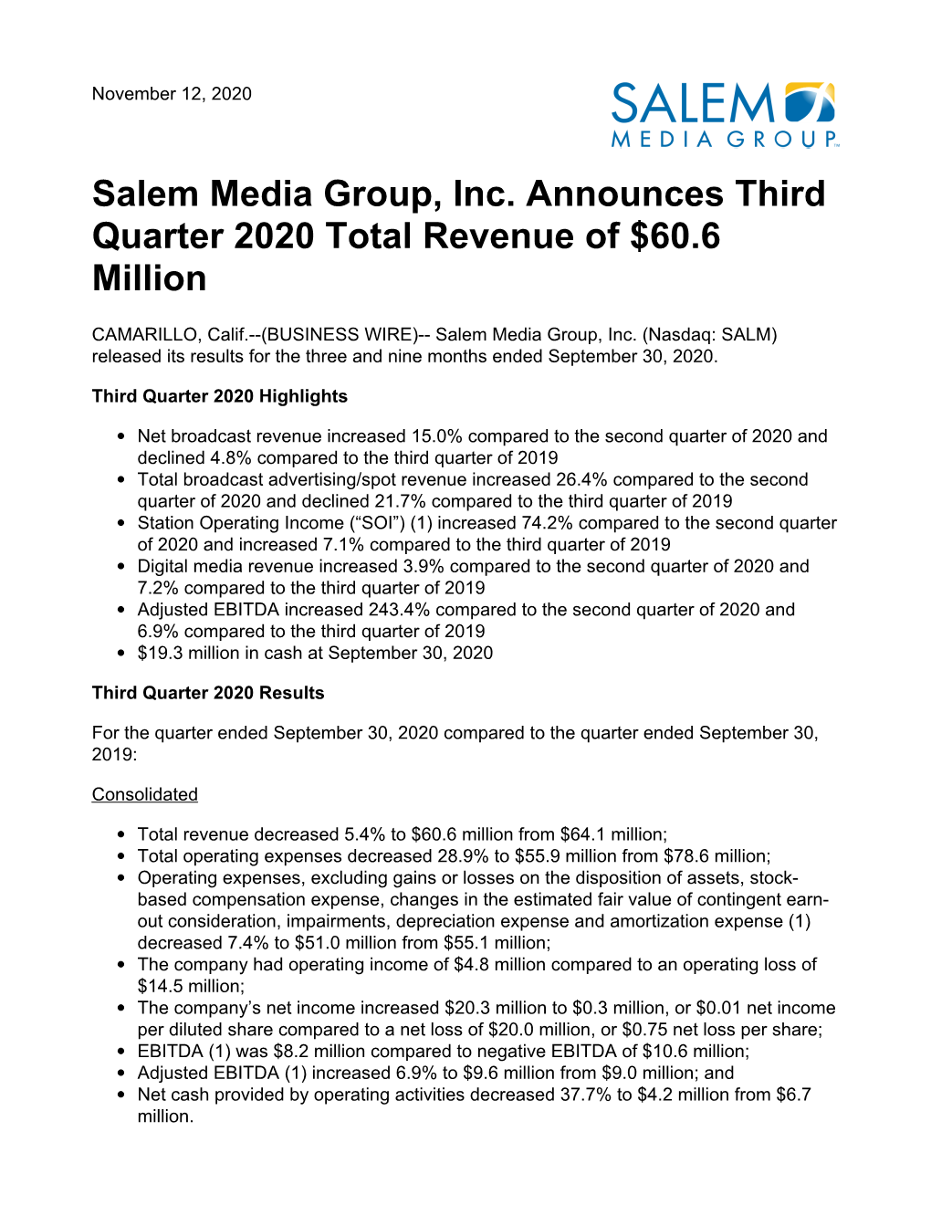 Salem Media Group, Inc. Announces Third Quarter 2020 Total Revenue of $60.6 Million