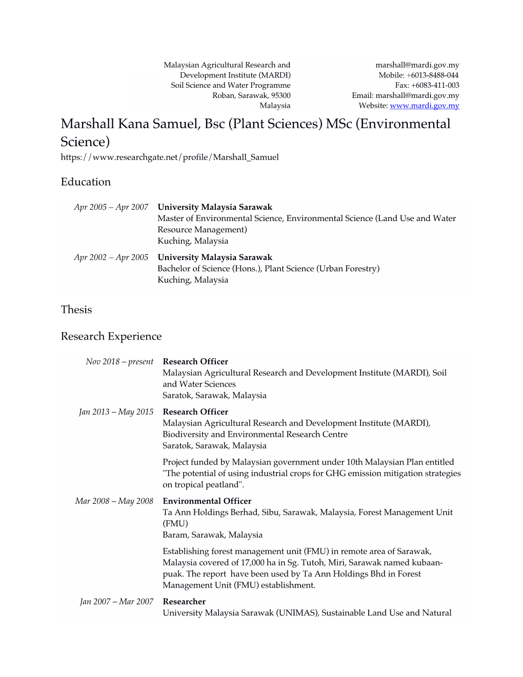 Marshall Kana Samuel, Bsc (Plant Sciences) Msc (Environmental Science)