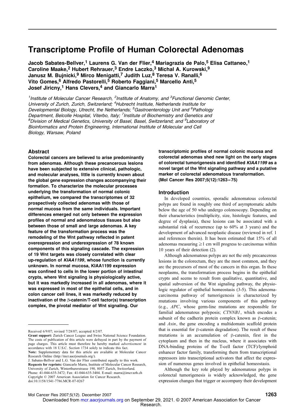 Transcriptome Profile of Human Colorectal Adenomas