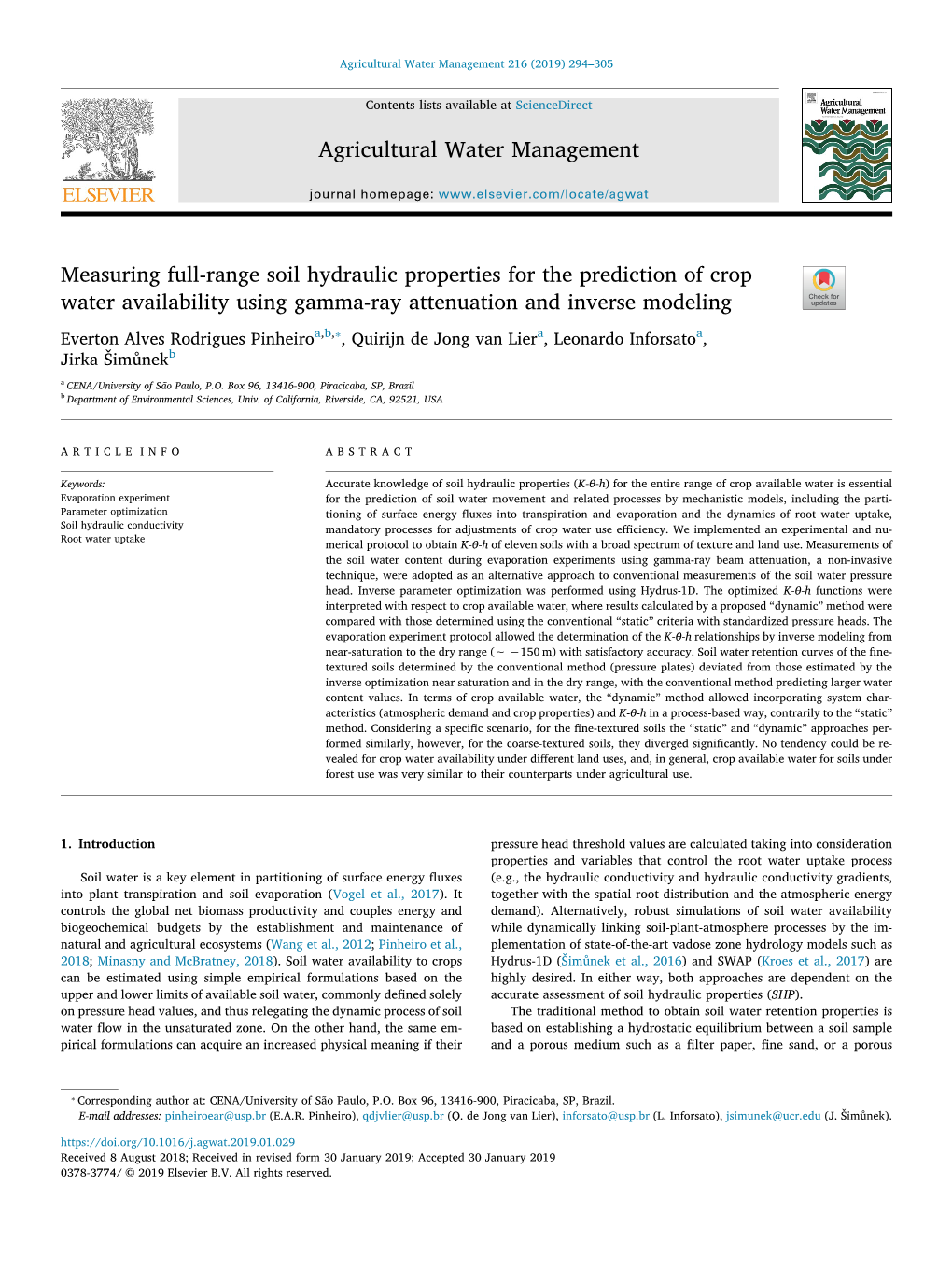 Agricultural Water Management 216 (2019) 294–305