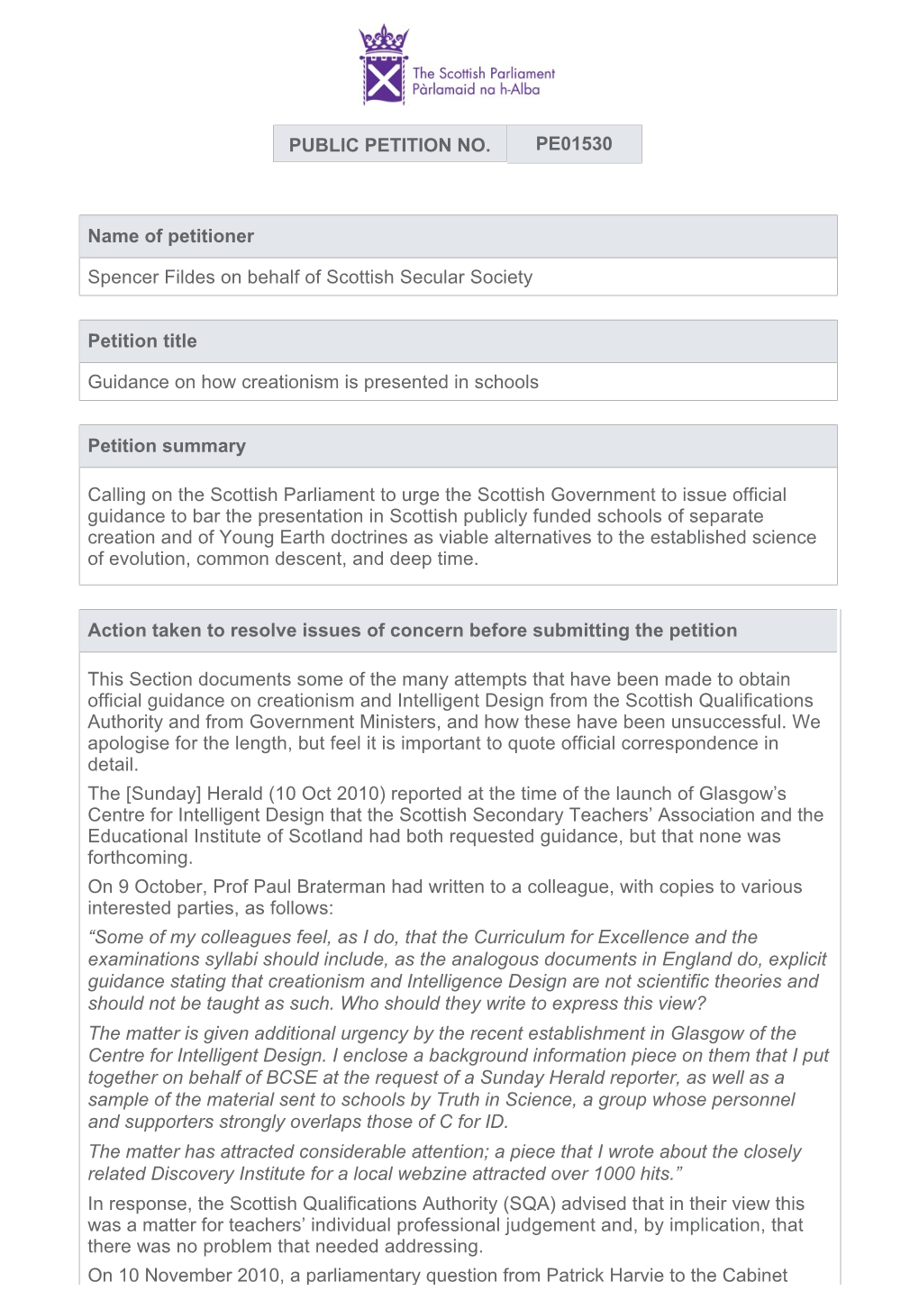 Scottish Secular Society Petition