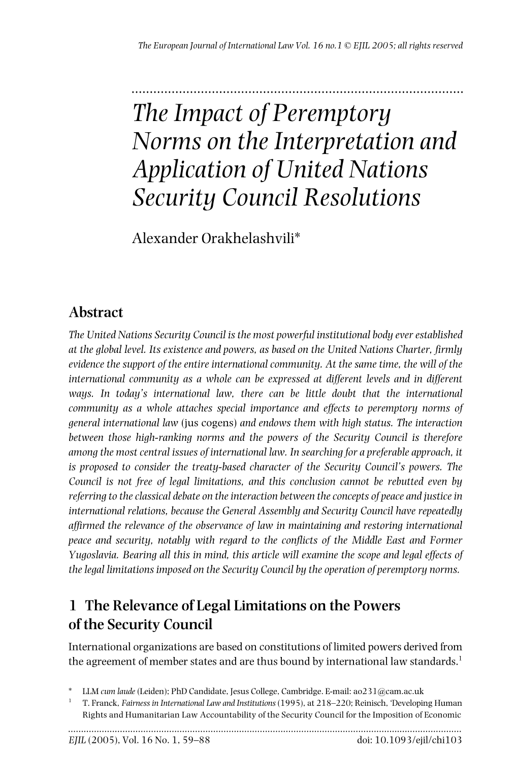 The Impact of Peremptory Norms on the Interpretation and Application of United Nations Security Council Resolutions