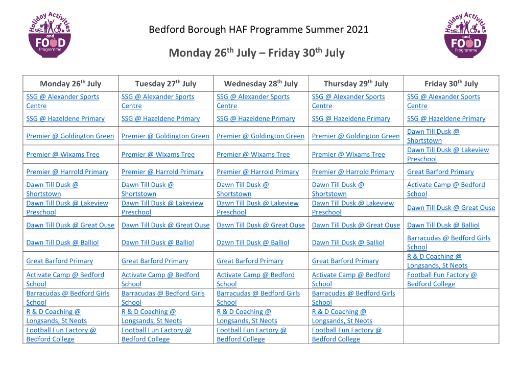 Bedford Borough HAF Programme Summer 2021