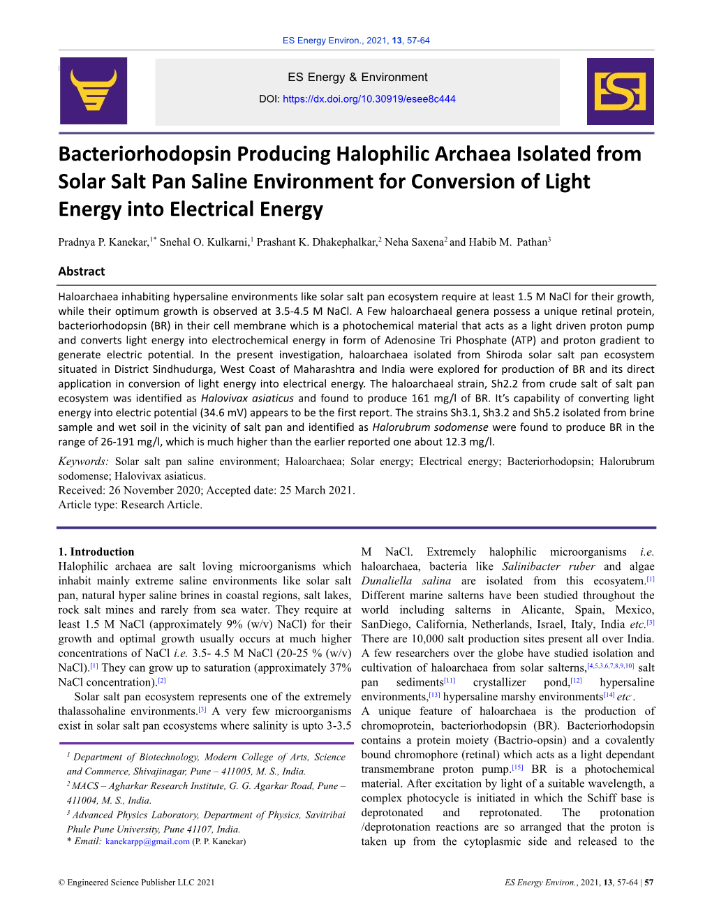 Bacteriorhodopsin Producing Halophilic Archaea Isolated from Solar Salt Pan Saline Environment for Conversion of Light Energy Into Electrical Energy