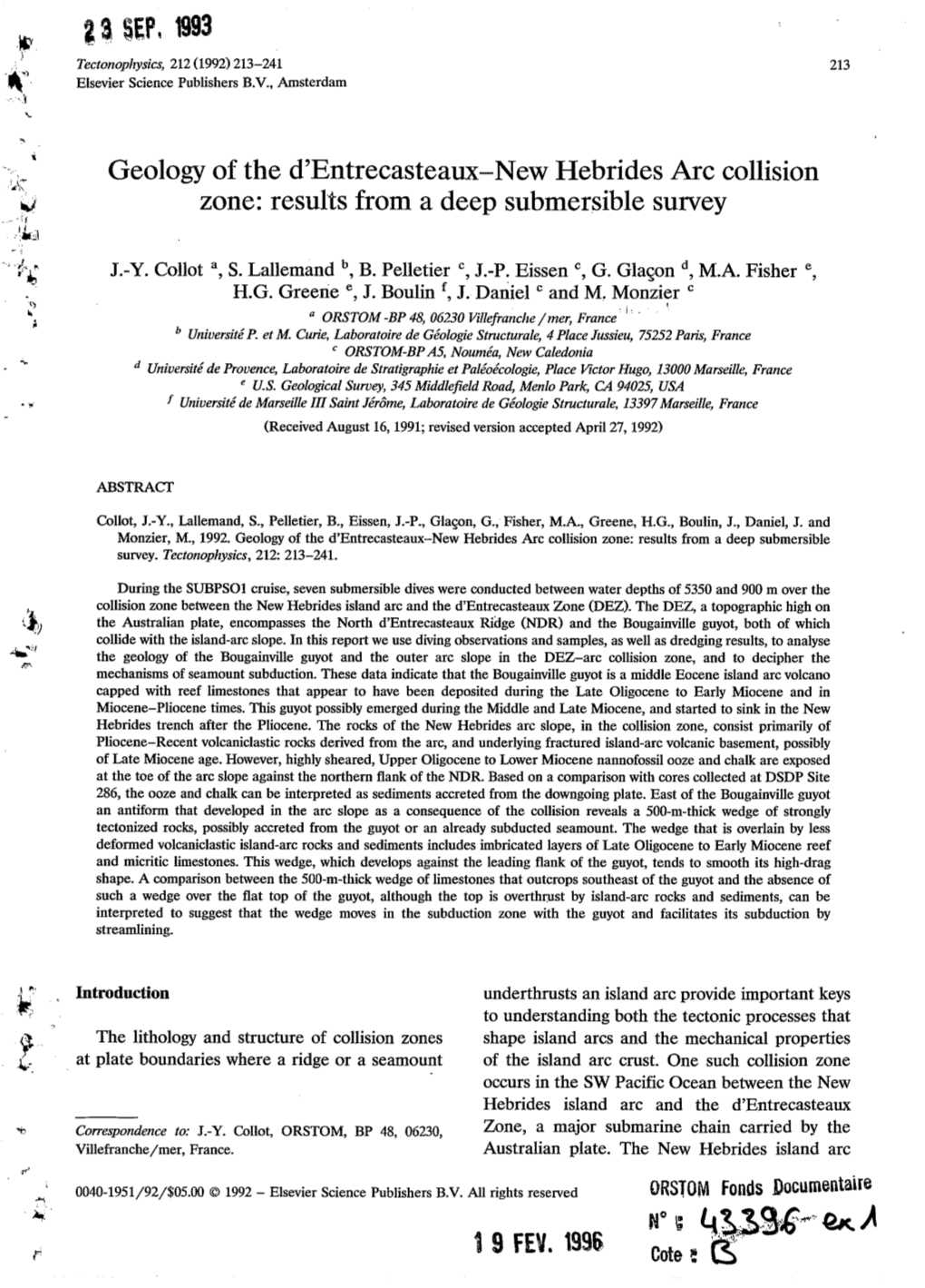 Geology of the D'entrecasteaux-New Hebrides Arc Collision Rh Zone: Results from a Deep Submersible Survey