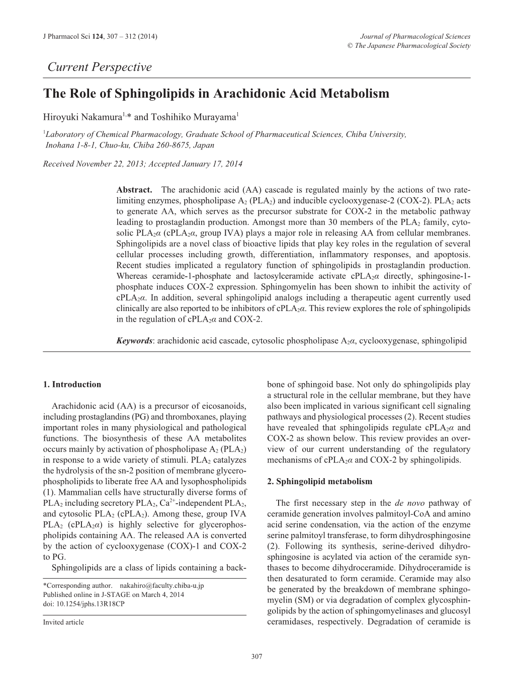 The Role of Sphingolipids in Arachidonic Acid Metabolism