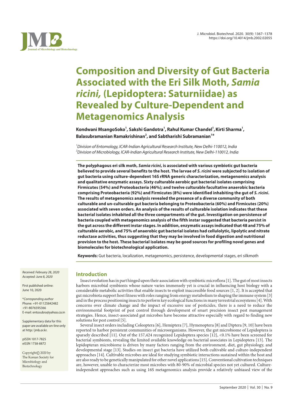 Composition and Diversity of Gut Bacteria Associated with the Eri Silk