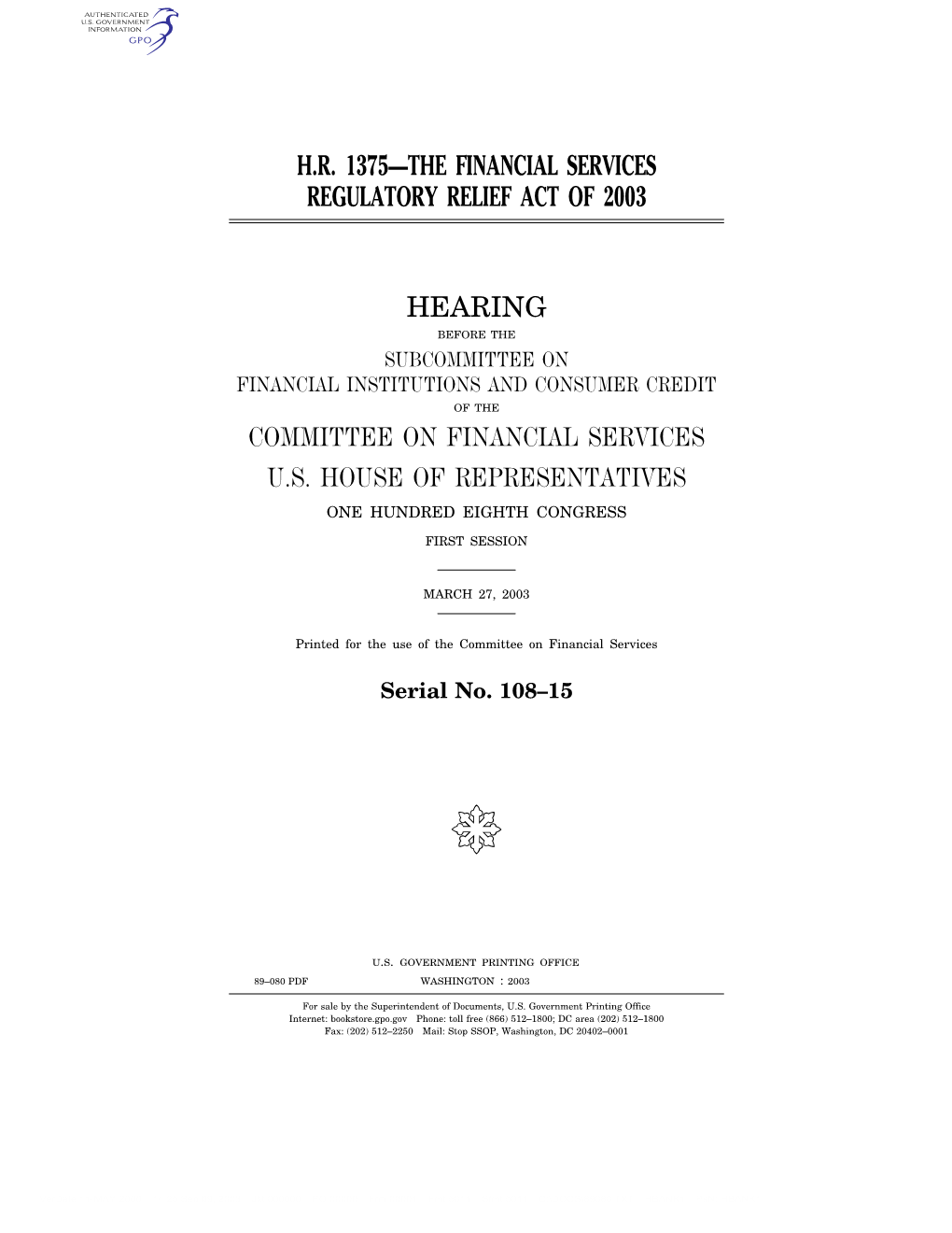 Hr 1375—The Financial Services Regulatory Relief Act Of