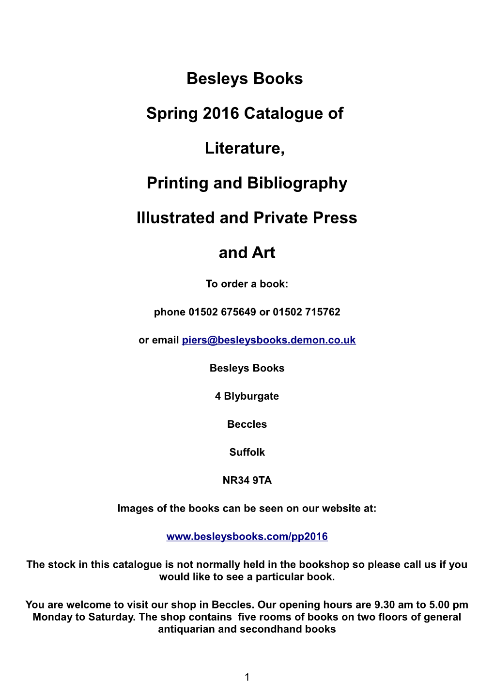 Besleys Books Spring 2016 Catalogue of Literature, Printing