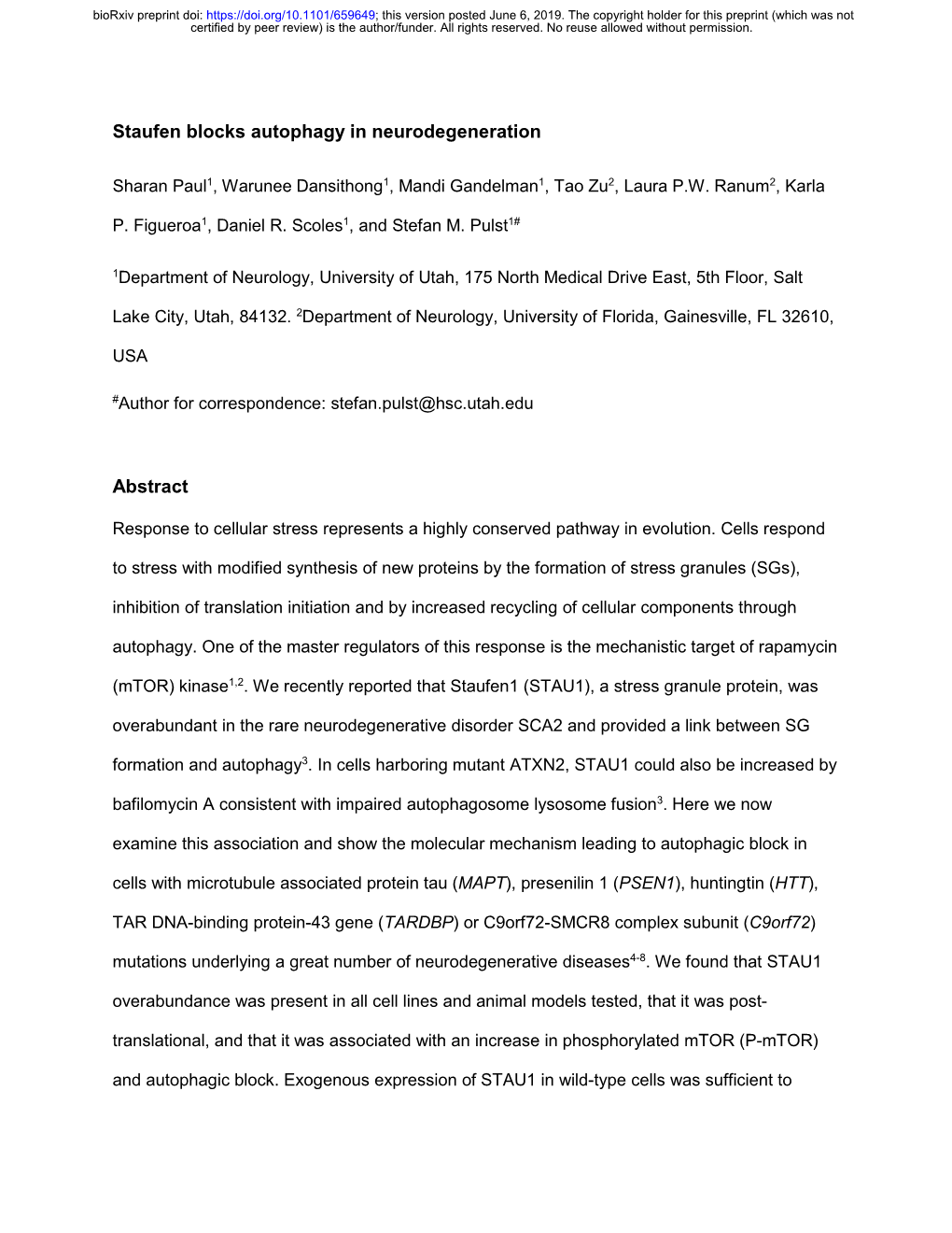 Staufen Blocks Autophagy in Neurodegeneration