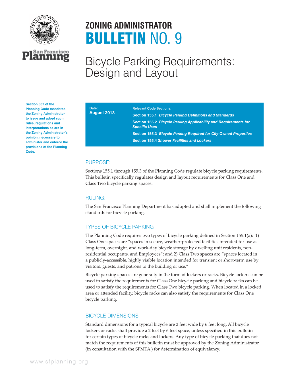 BULLETIN NO. 9 Bicycle Parking Requirements: Design and Layout