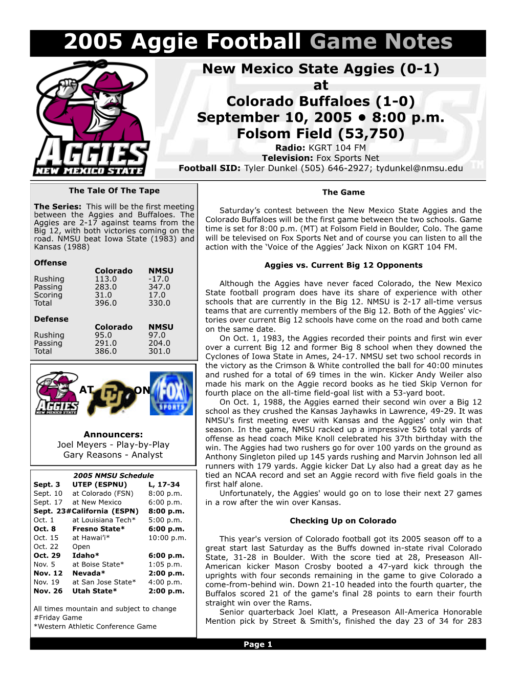 New Mexico State Aggies (0-1) at Colorado Buffaloes (1-0) September 10, 2005 • 8:00 P.M