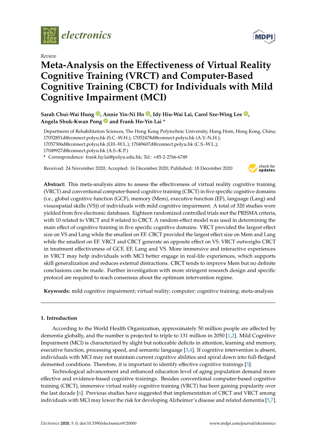 Meta-Analysis on the Effectiveness of Virtual Reality Cognitive