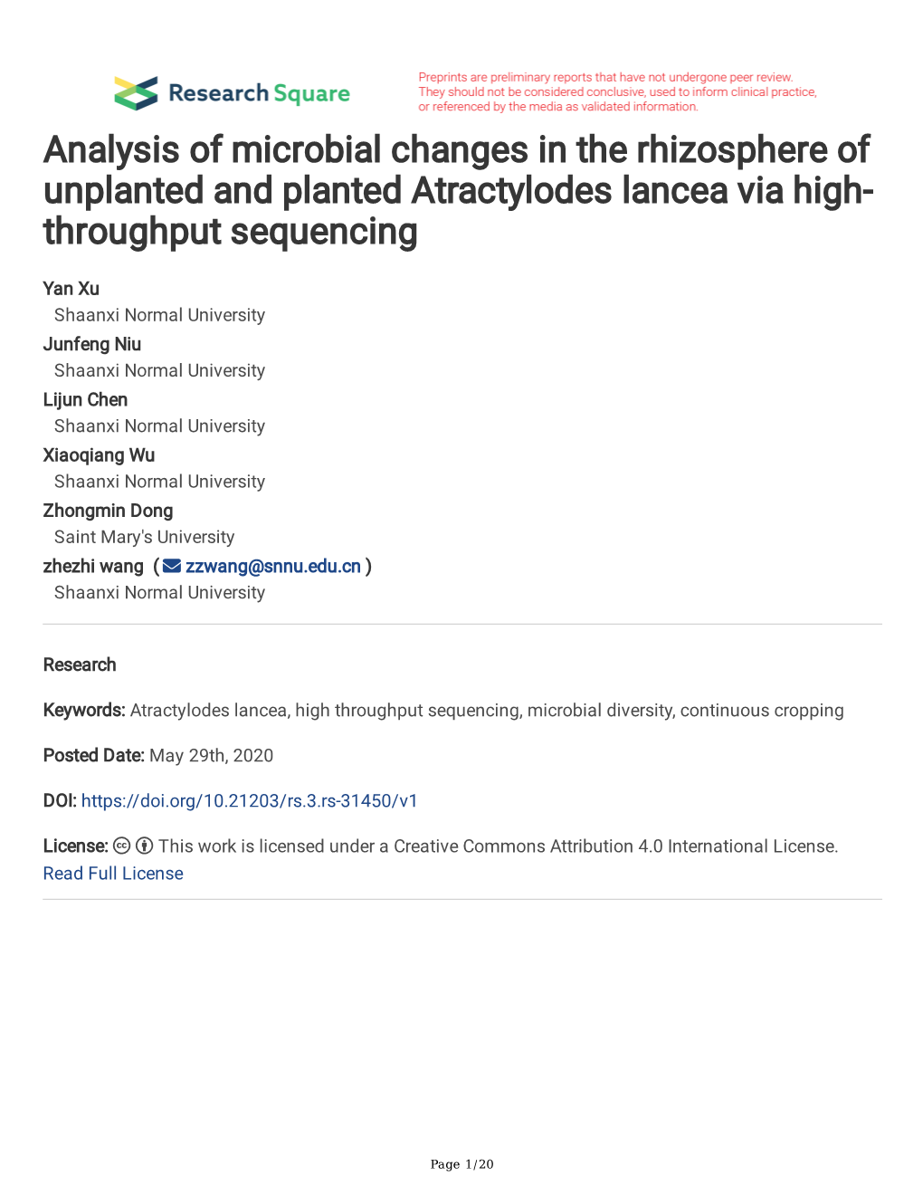 Analysis of Microbial Changes in the Rhizosphere of Unplanted and Planted Atractylodes Lancea Via High- Throughput Sequencing