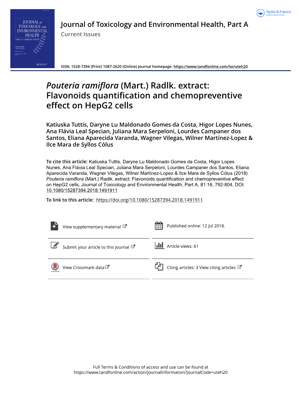 Pouteria Ramiflora (Mart.) Radlk. Extract: Flavonoids Quantification and Chemopreventive Effect on Hepg2 Cells