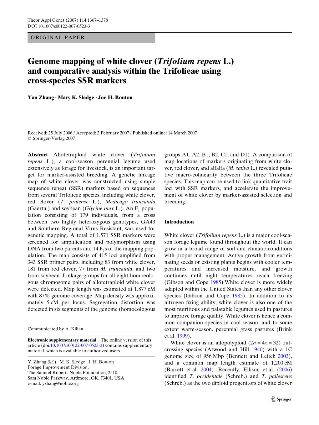 Genome Mapping of White Clover (Trifolium Repens L.) and Comparative Analysis Within the Trifolieae Using Cross-Species SSR Markers