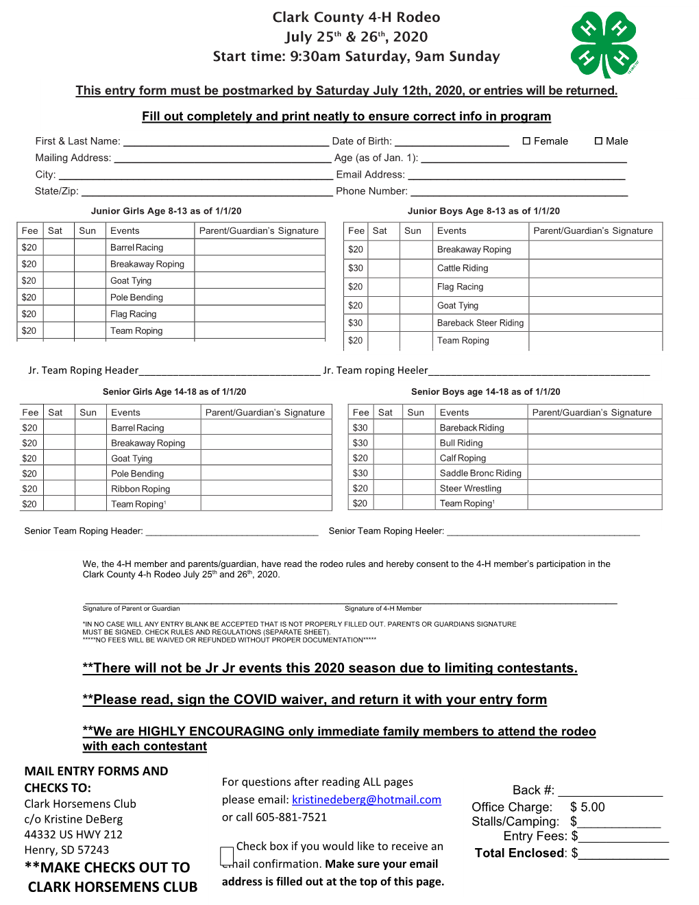 2020 Clark 4-H Rodeo Entry Form