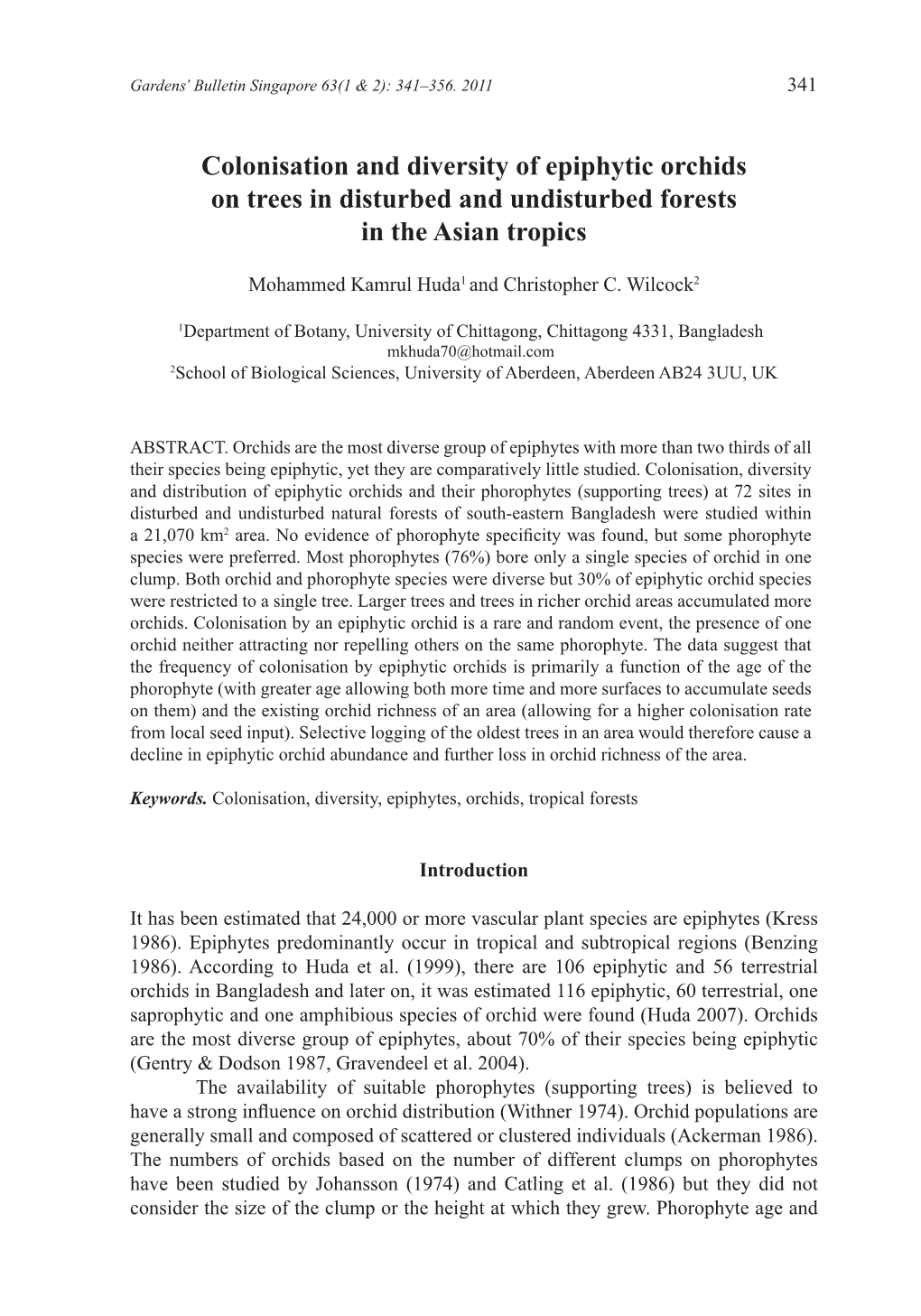 Colonisation and Diversity of Epiphytic Orchids on Trees in Disturbed and Undisturbed Forests in the Asian Tropics