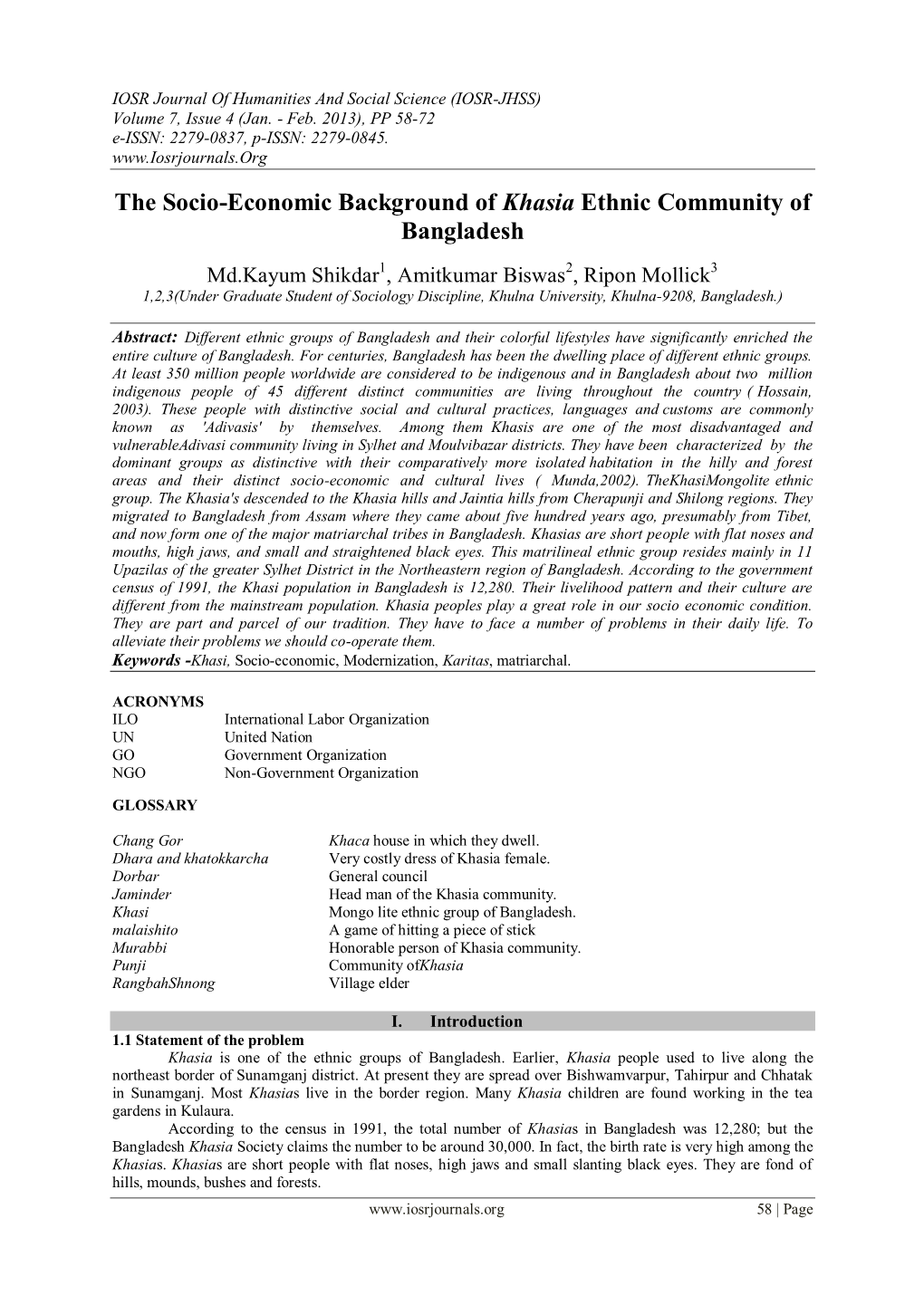 The Socio-Economic Background of Khasia Ethnic Community of Bangladesh